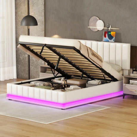 Upholstered Bed With Hydraulic Storage System And LED Light, With Sockets And USB Ports - Furniture Home Direct