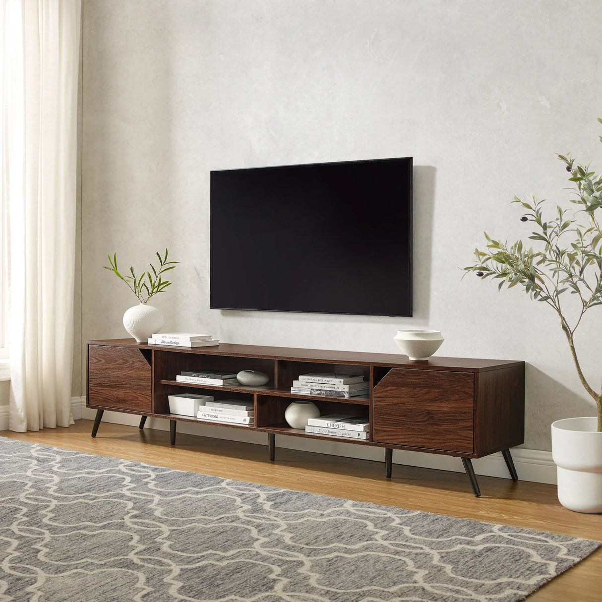 Contemporary 2 Door Minimalist TV Stand For TVs Up To 90" - Dark Walnut - Furniture Home Direct
