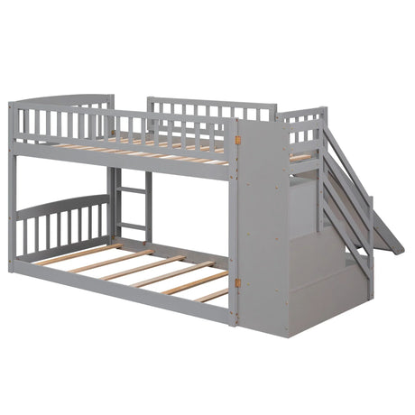 Twin Over Twin Bunk Stairway Bed With 2 Drawers And Slide - Gray - Furniture Home Direct