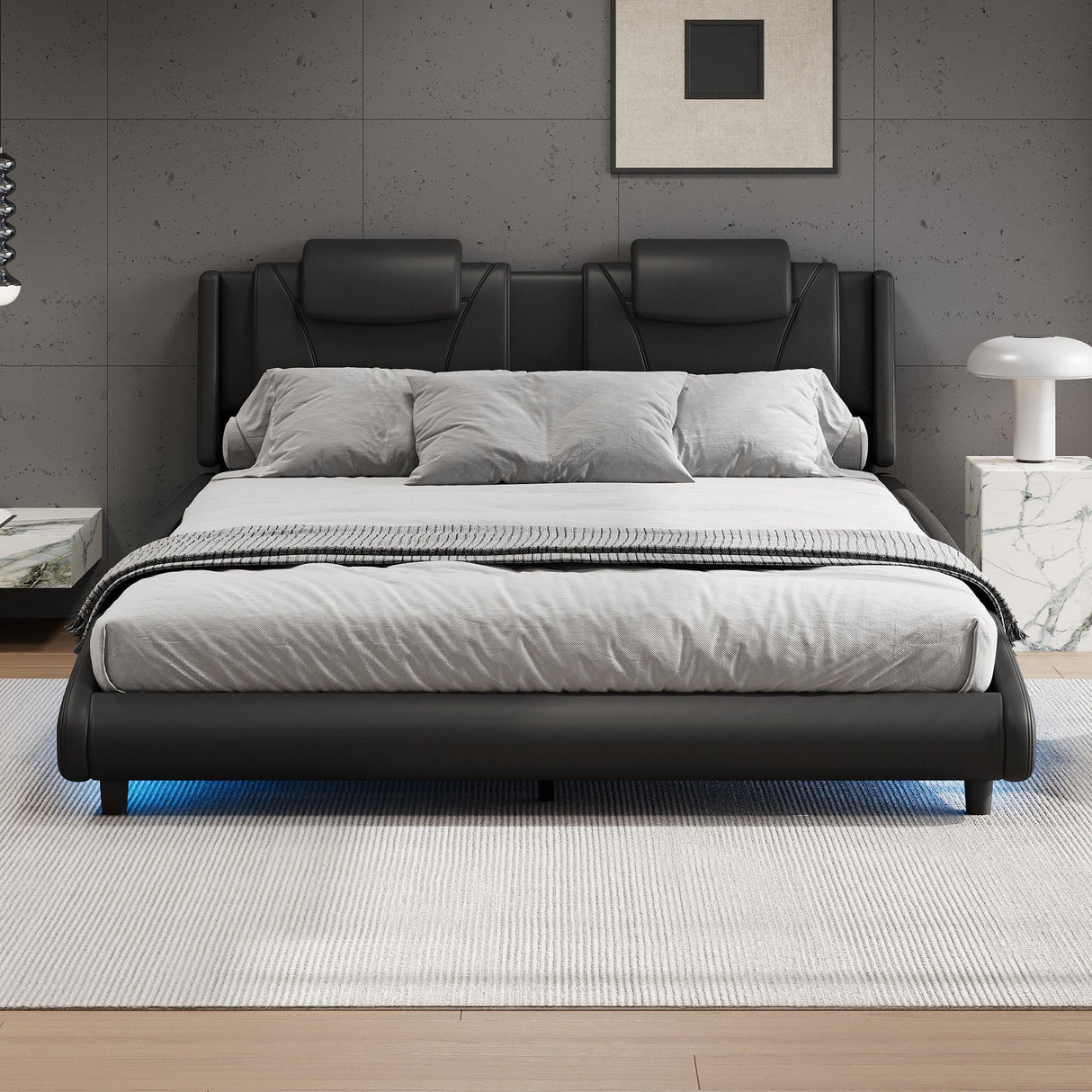 Platform Bed Leather Upholstered Headboard LED Black - Furniture Home Direct