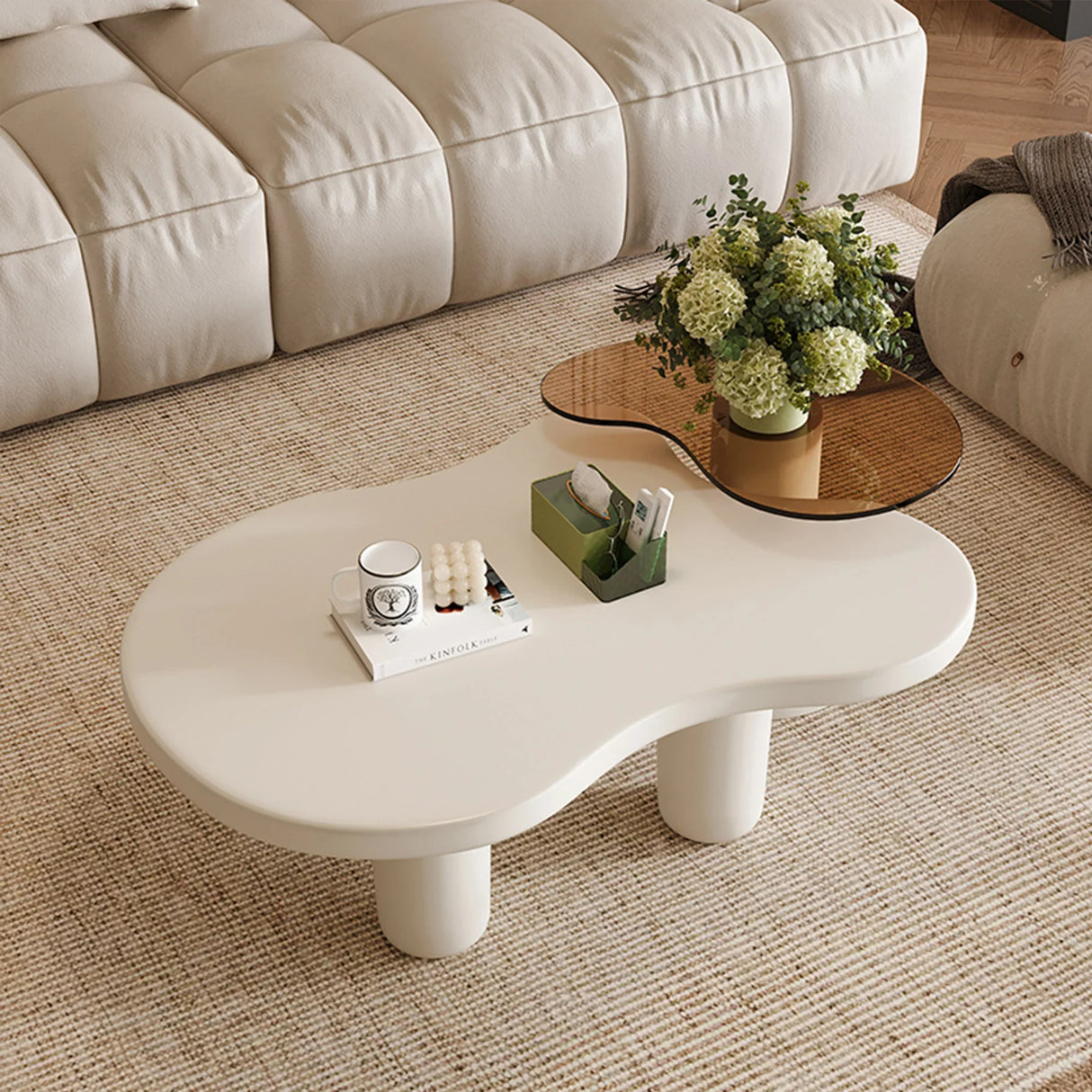 Nesting Coffee Tables Set Modern MDF Glass Two Tier Beige - Furniture Home Direct