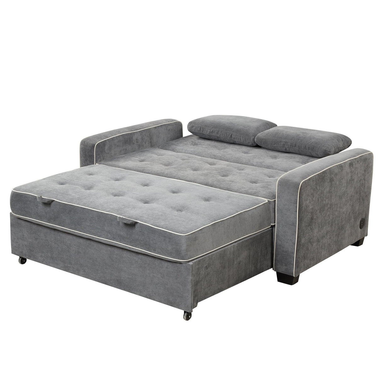 Upholstered Loveseat with Pull Out Sofa, Two Throw Pillows, Dual USB Charging Port And Adjustable Backrest - Gray - Furniture Home Direct