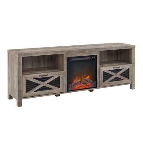 Industrial Farmhouse Metal Mesh Drop Down X Door Fireplace TV Stand - Furniture Home Direct