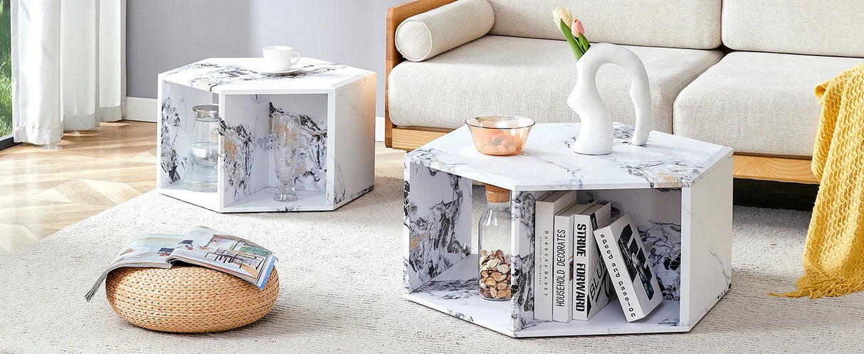 Coffee Table Set Hexagonal Marble Elegant Minimal White - Furniture Home Direct