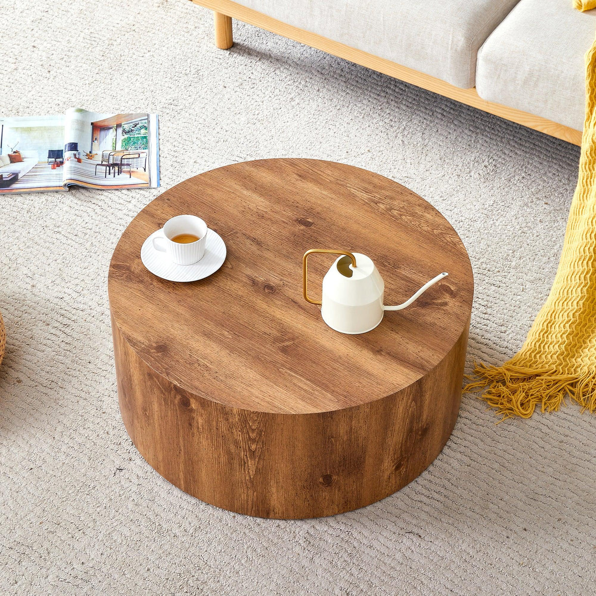 Coffee Table Cylindrical Wood Design Accent Warm Brown - Furniture Home Direct