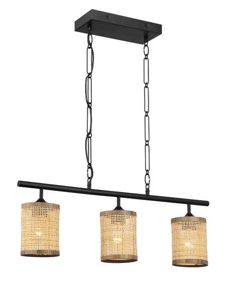 Elysian - 3 Lights Island With Natural Shade Farmhouse Chain Ceiling Lamp - Black / Rattan - Furniture Home Direct