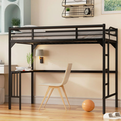 Twin Metal Loft Bed With Desk, Ladder And Guardrails, Bookdesk Under Bed - Black - Furniture Home Direct