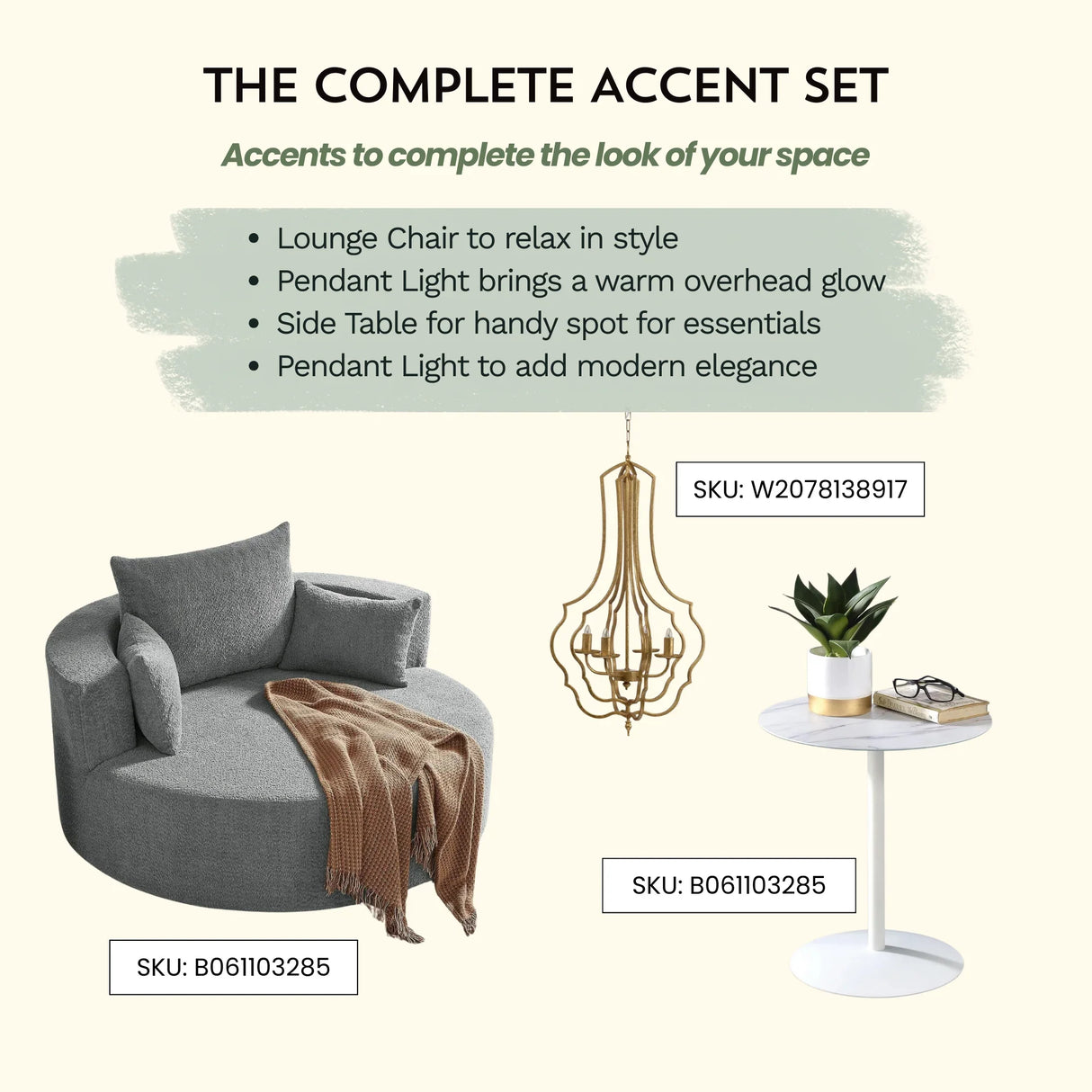 Living Room Bundle - Large Chair + Pendant Light + Side Table - Furniture Home Direct