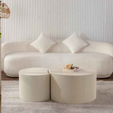 Round Accent Tables Set Modern Ribbed Pair Beige Cream - Furniture Home Direct