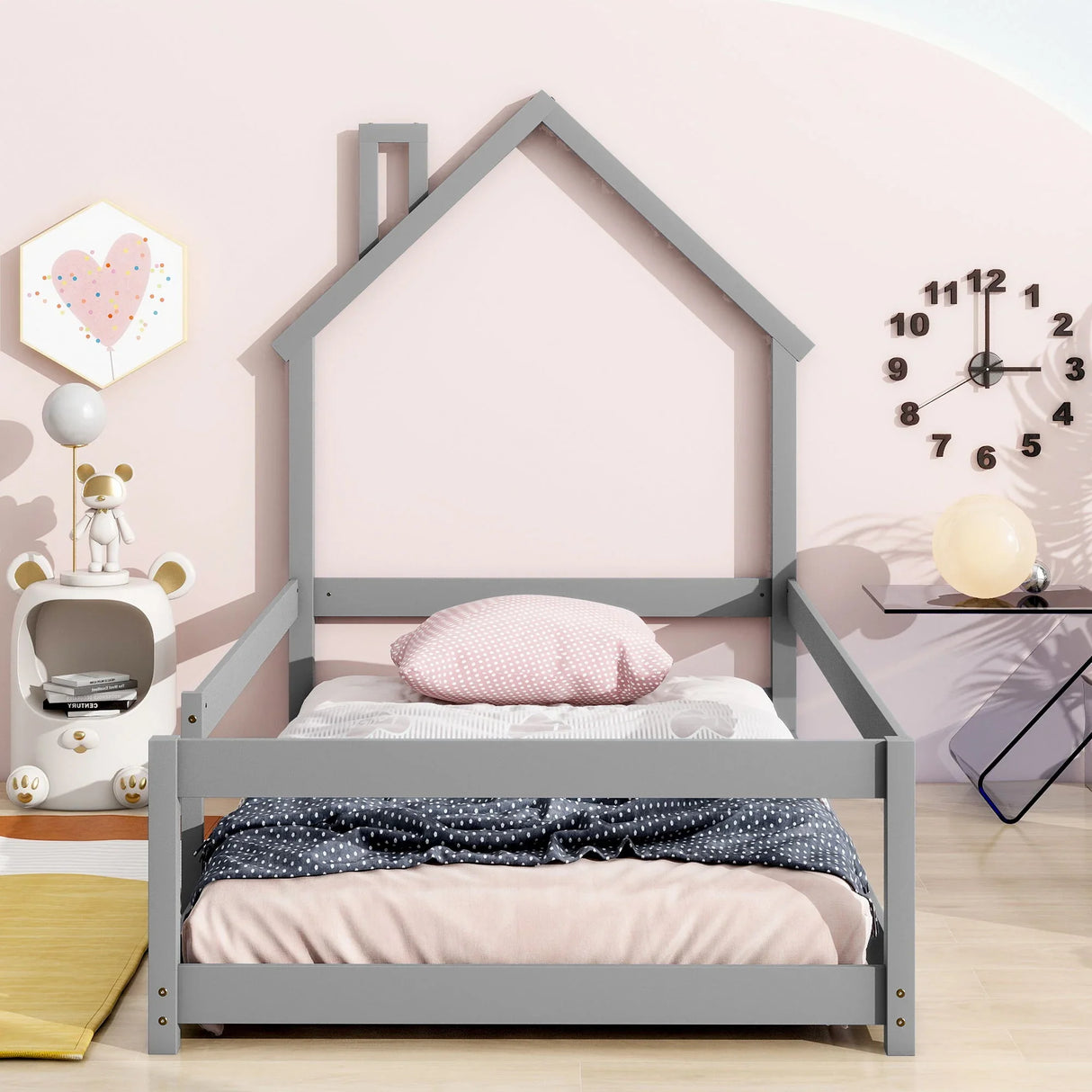 Wood Bed With House Shaped Headboard Floor Bed With Fences - Furniture Home Direct