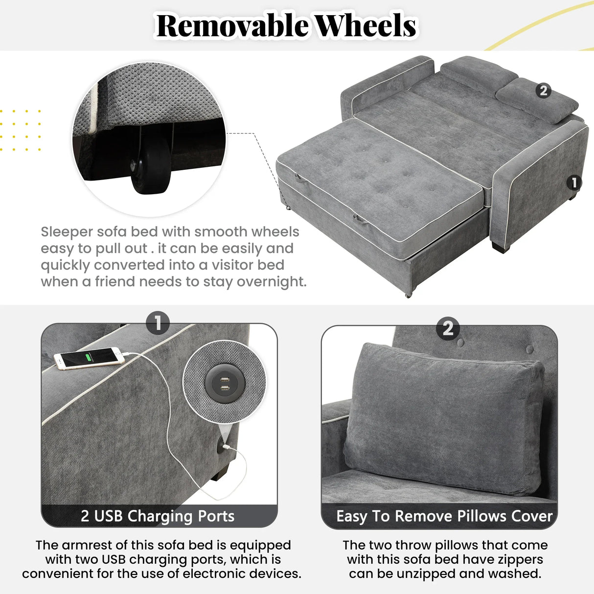 Upholstered Loveseat with Pull Out Sofa, Two Throw Pillows, Dual USB Charging Port And Adjustable Backrest - Gray - Furniture Home Direct