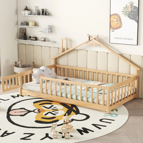 House-Shaped Bedside Floor Bed With Guardrails, Slats, With Door - Furniture Home Direct