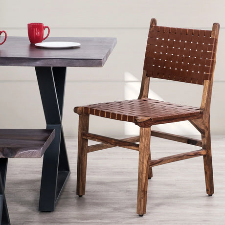 Rustic Wooden Dining Chair (Set of 2) With Genuine Leather Woven Upholstery - Brown - Furniture Home Direct