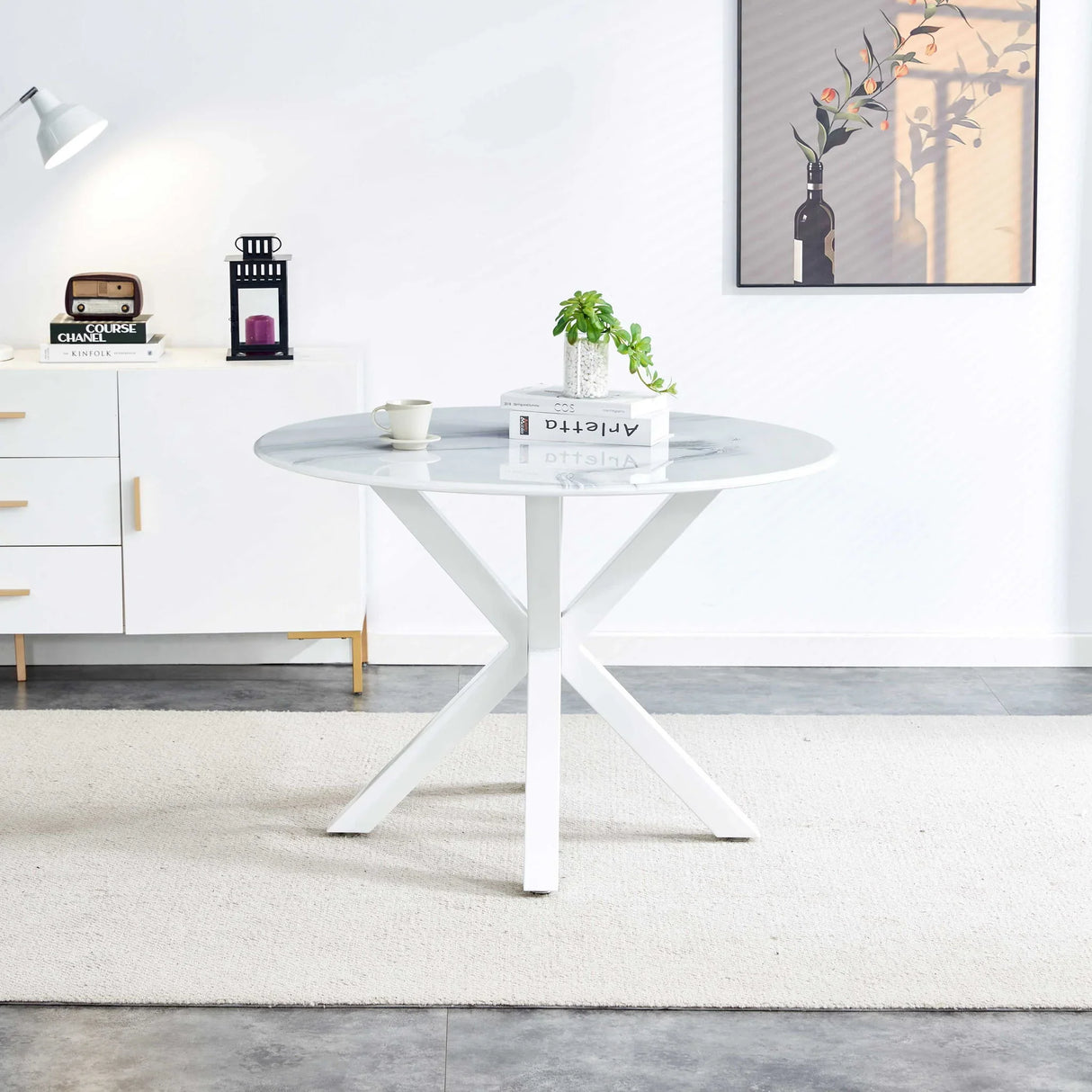 Table Cross Leg Mid-Century Dining Table For 4 - 6 People With Round MDF Table Top, Pedestal Dining Table, End Table Leisure Coffee Table - White - Furniture Home Direct
