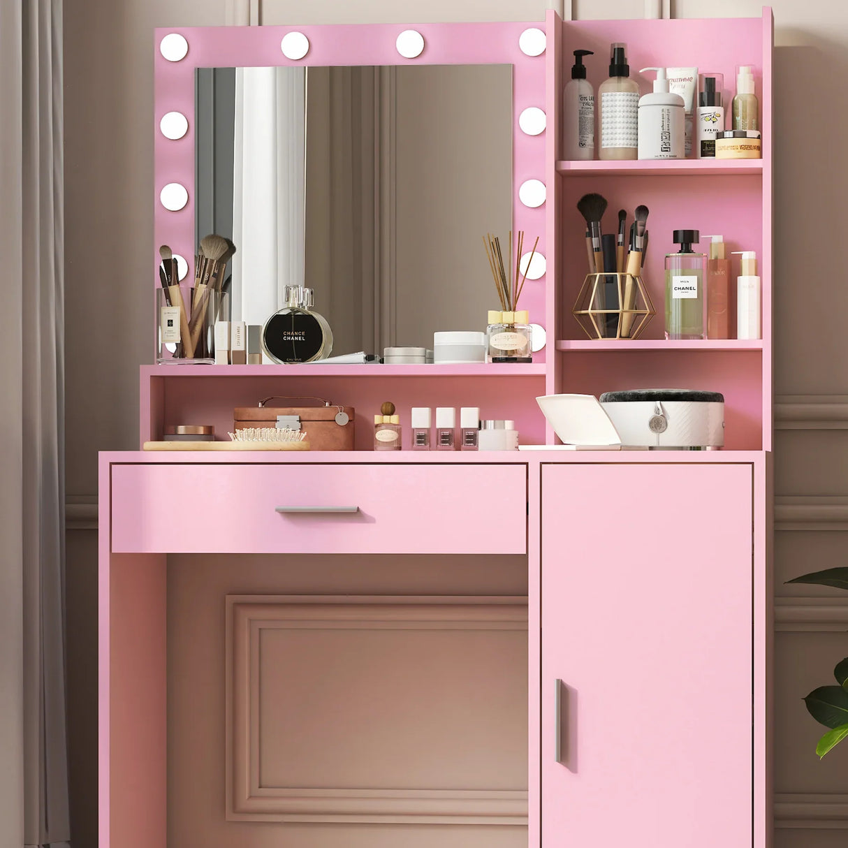 Vanity Desk With Illuminated Mirror And Storage Pink - Furniture Home Direct