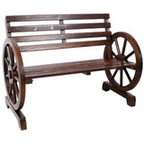 Rustic Country 2 Person Wooden Wagon Wheel Bench With Slatted Seat And Backrest - Brown - Furniture Home Direct