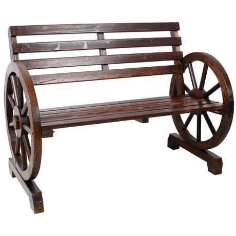 Rustic Country 2 Person Wooden Wagon Wheel Bench With Slatted Seat And Backrest - Brown - Furniture Home Direct