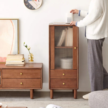 Free-Standing Corner Cabinets Storage Table With Vintage Glass Door, 2 Shelves, 2 Drawers And Brass Handle - Walnut - Furniture Home Direct