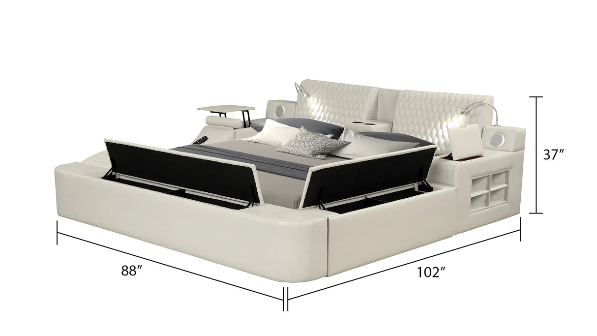 Queen Bed Upholstered Platform with Built in Lighting Beige - Furniture Home Direct