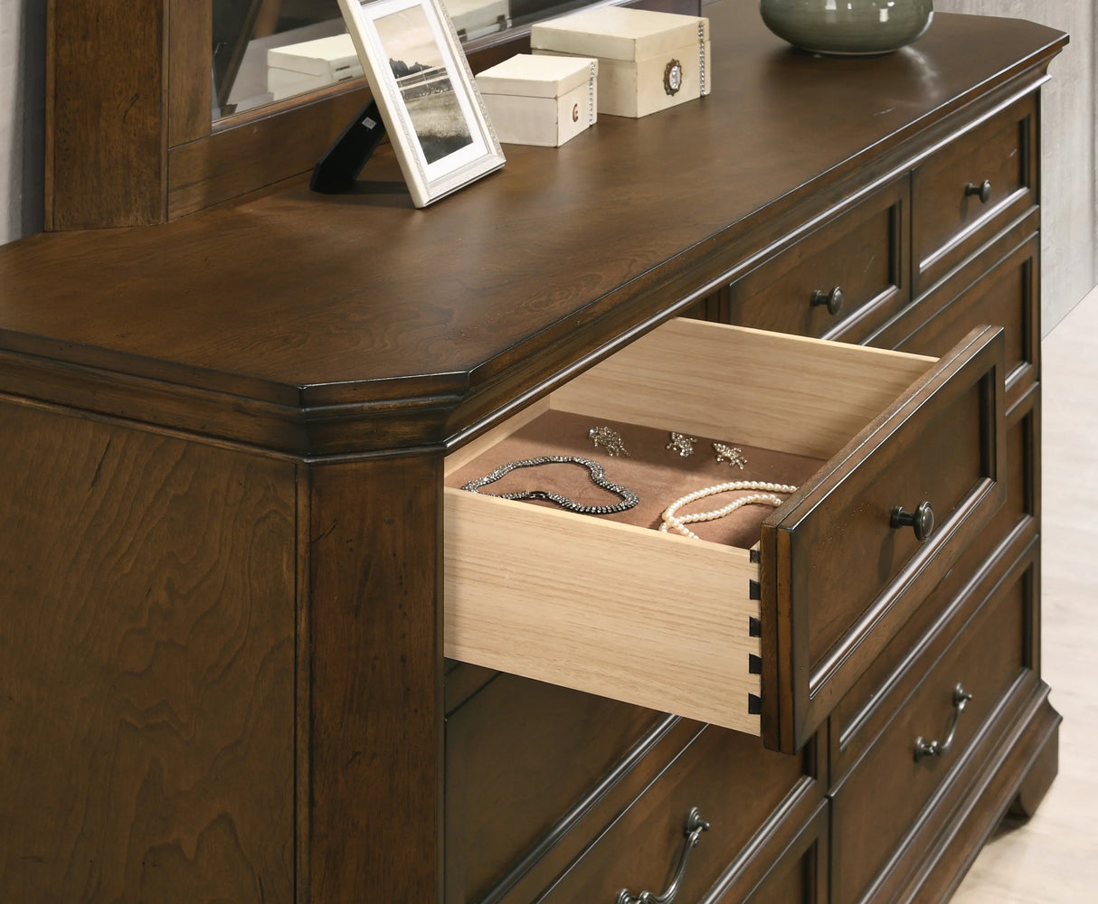 Queen Bed Set Dresser Nightstands Mirror Chest Walnut Brown - Furniture Home Direct