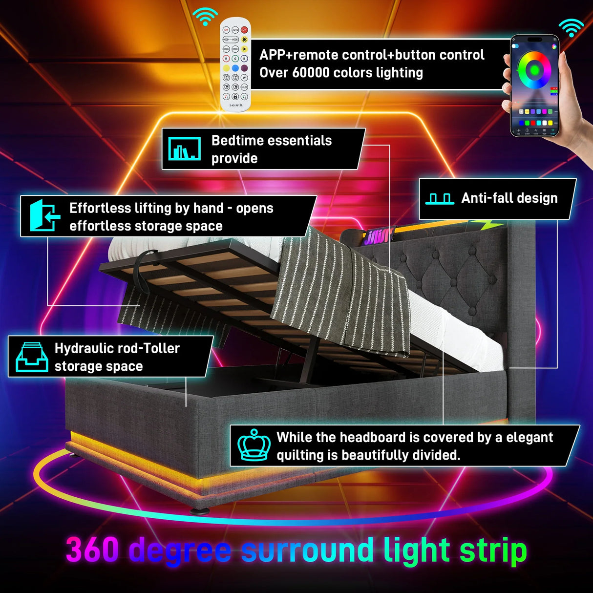 Twin Upholstered Bed 360 Surround LED Lighting USB C Gray - Furniture Home Direct