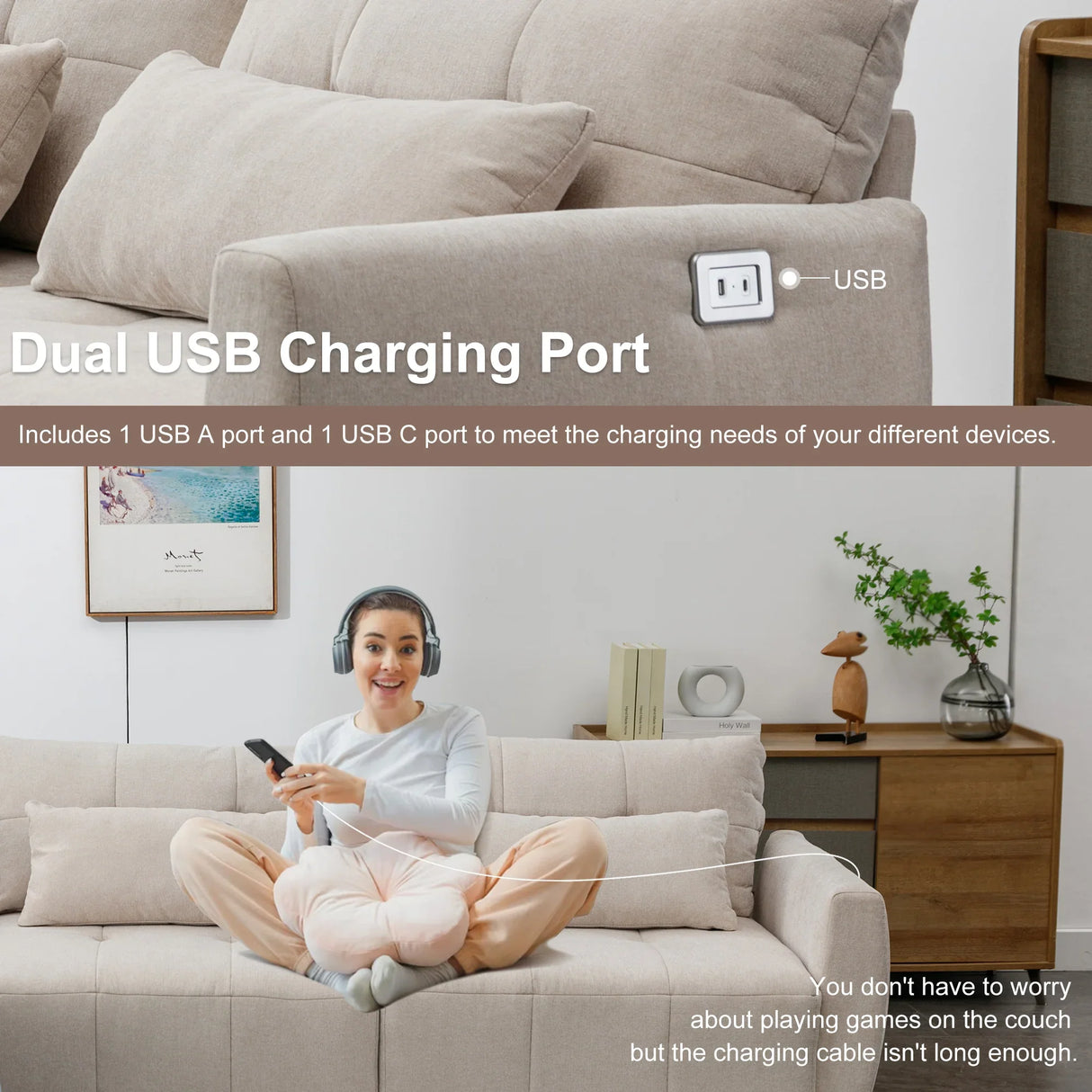 113.3 Modular Sectional With Ottoman And USB C Ports Beige - Furniture Home Direct