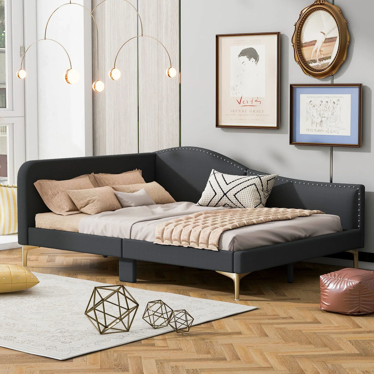 Upholstered Daybed With Headboard And Armrest, Support Legs - Furniture Home Direct