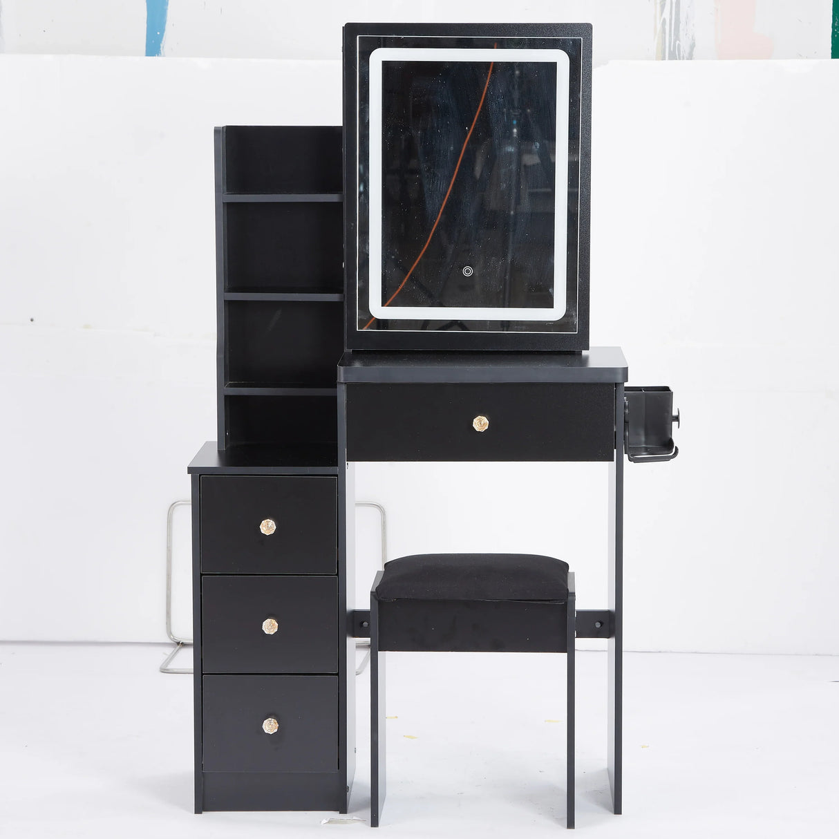Vanity Desk With Cushioned Stool Lighted Mirror Black - Furniture Home Direct