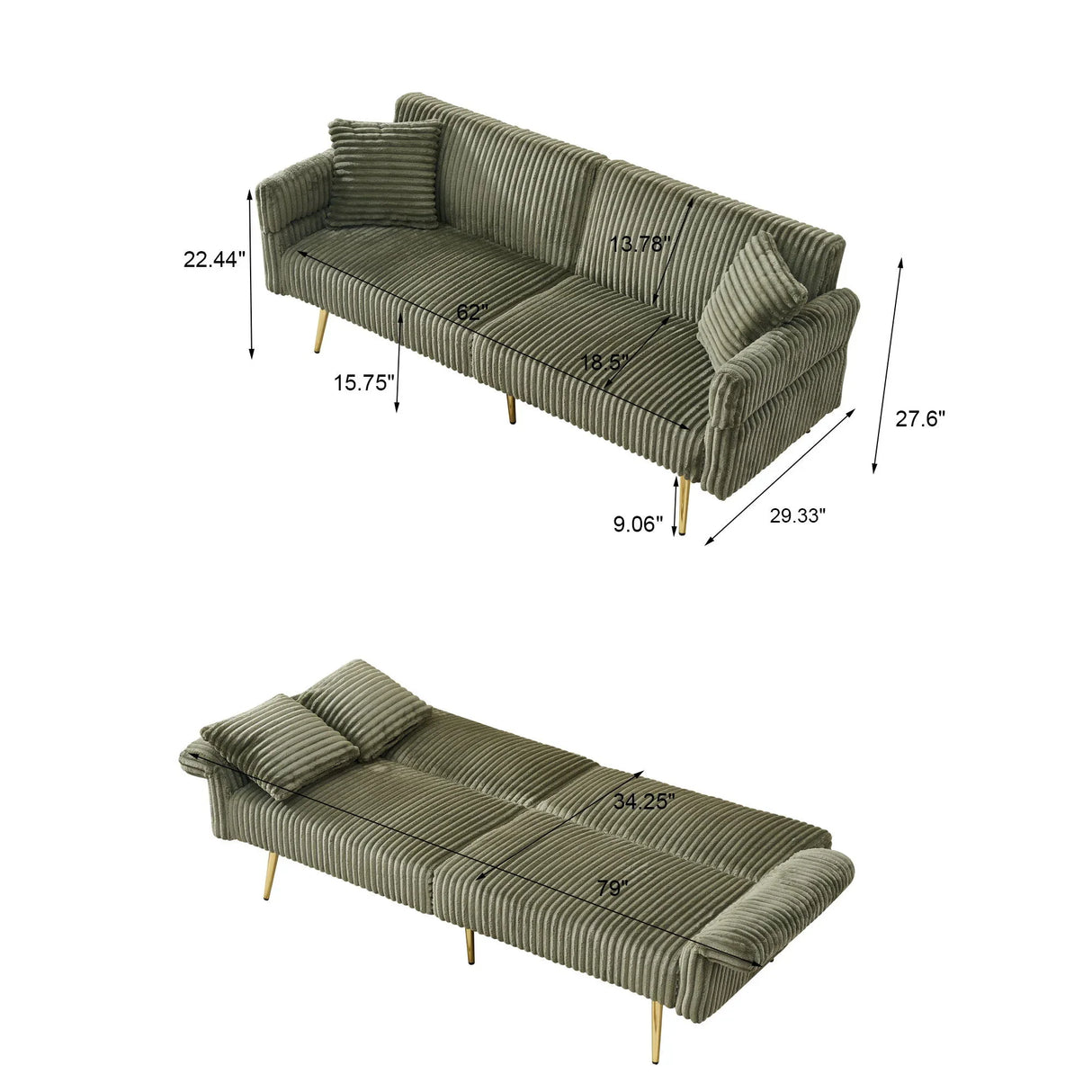 Luxury Corduroy Foldable Double Sofa Bed With Folding Armrests - Furniture Home Direct
