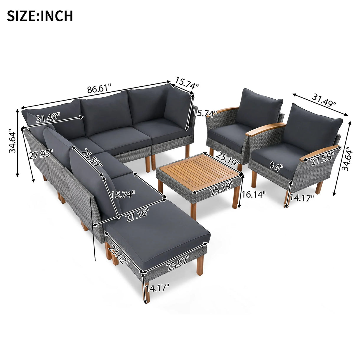 9 Piece Patio Rattan Furniture Set, Outdoor Conversation Set With Acacia Wood Legs And Tabletop, PE Rattan Sectional Sofa Set With Coffee Table, Washable Cushion - Furniture Home Direct