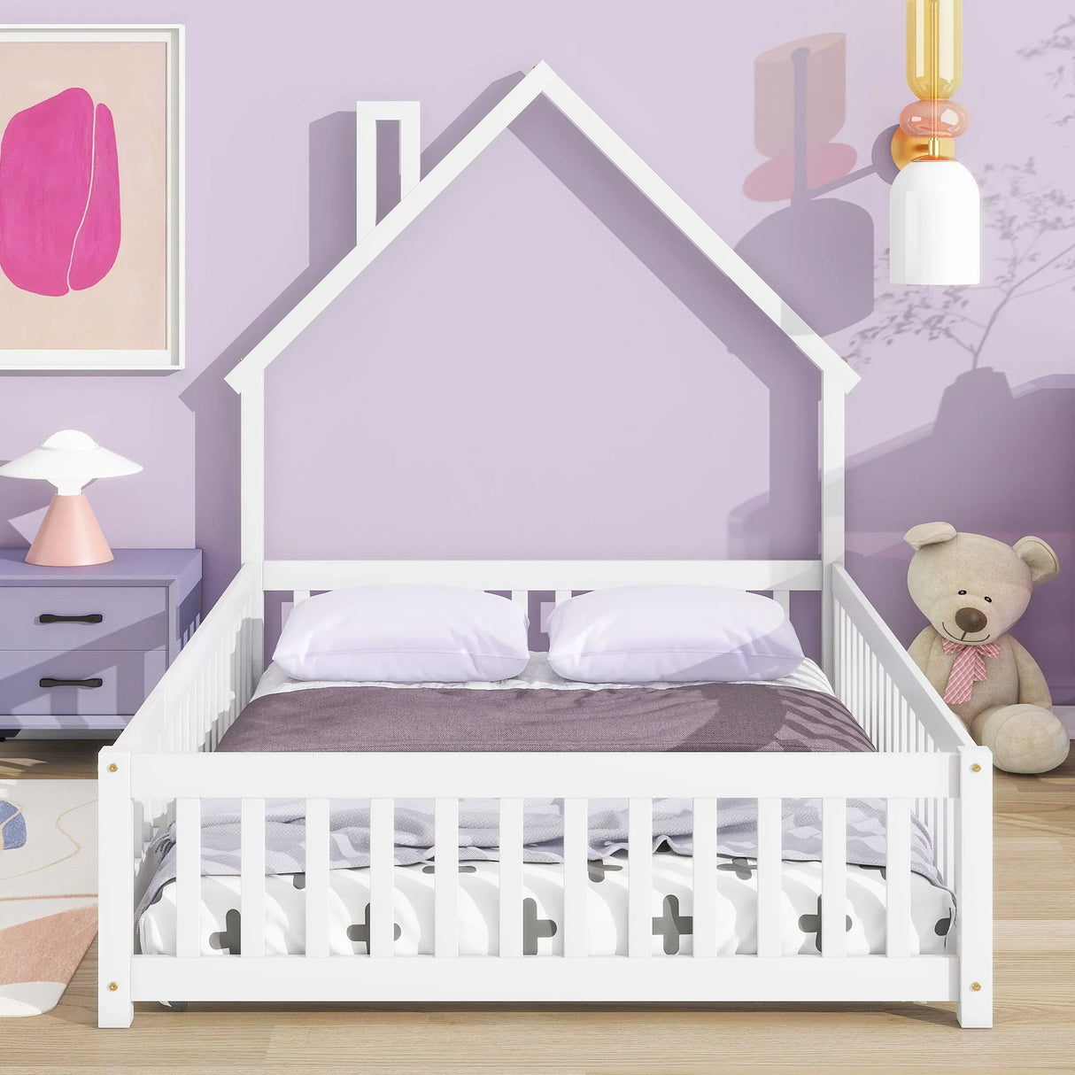House-Shaped Headboard Floor Bed With Fence - Furniture Home Direct