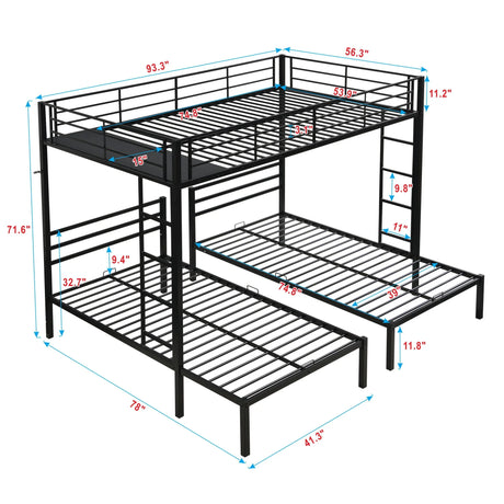 Modern Metal Triple Bunk Bed With Vertical Ladder, Safety Rail, And Storage Shelf - Black - Furniture Home Direct