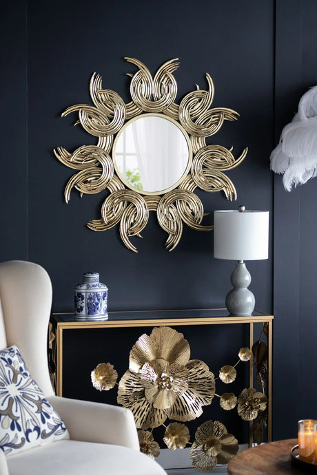 Sunburst Metal Decorative Mirror With, Boho Wall Decor Sun Mirror For Living Room Bathroom Enterway - Gold - Furniture Home Direct