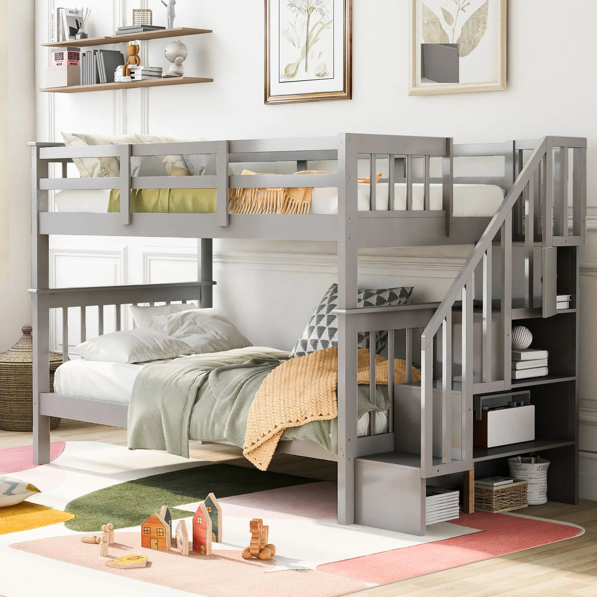 Stairway Bunk Bed With Storage And Guard Rail For Bedroom - Furniture Home Direct
