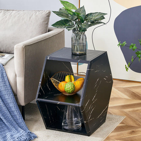 Coffee Table Hexagonal Textured Marble Look Accent Black - Furniture Home Direct