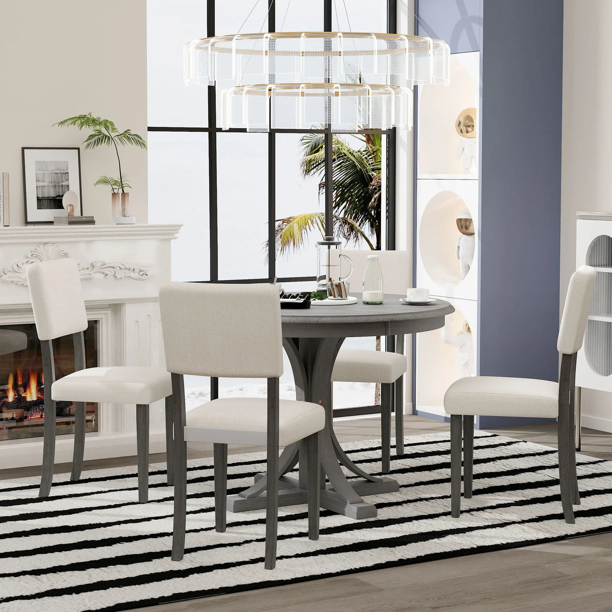 Retro Round Dining Table Set With Curved Trestle Style Table Legs And Upholstered Chairs For Dining Room - Furniture Home Direct