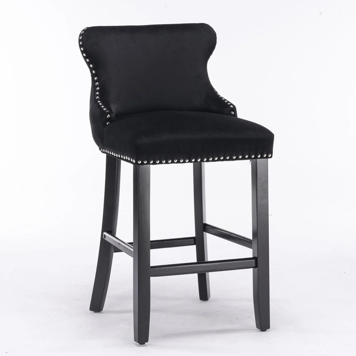 Contemporary Velvet Upholstered Wing-Back Barstools With Button Tufted Decoration And Wooden Legs, And Chrome Nailhead Trim, Leisure Style Bar Chairs, Bar Stools (Set of 2) - Furniture Home Direct