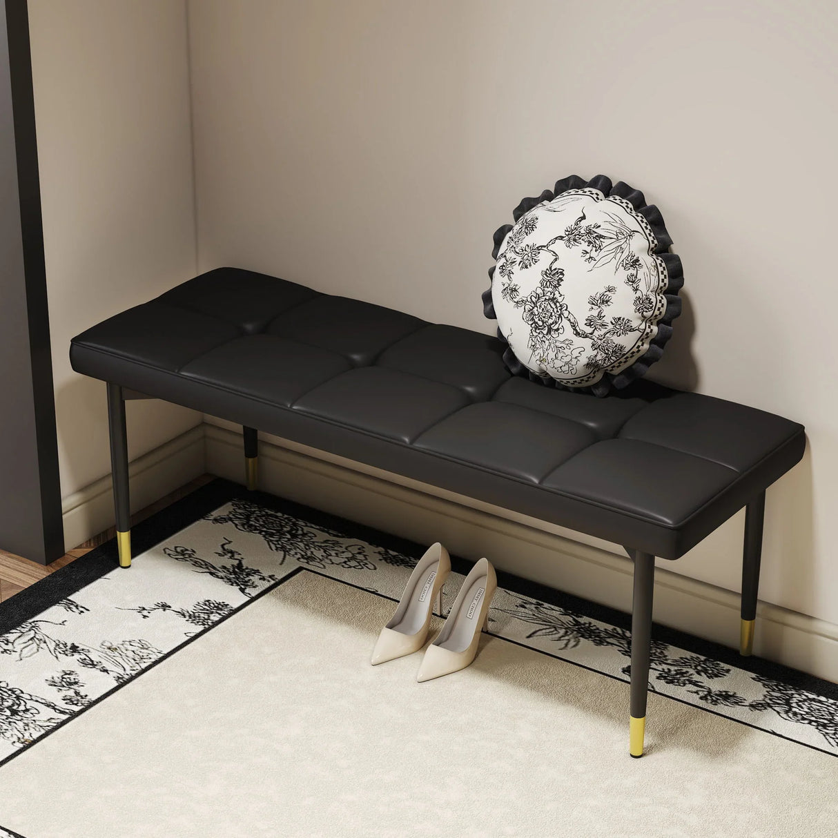 Multifunctional Shoe Bench, Sturdy Metal Legs With Gold Accents - Black - Furniture Home Direct