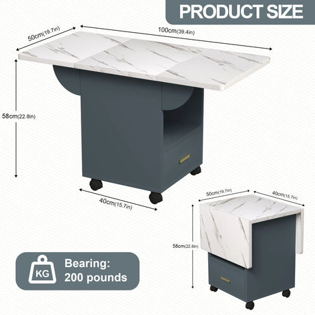 Versatile Wood Folding Dining Table With Wheels, Storage Rack & Drawer, Space Saving Design - White - Furniture Home Direct