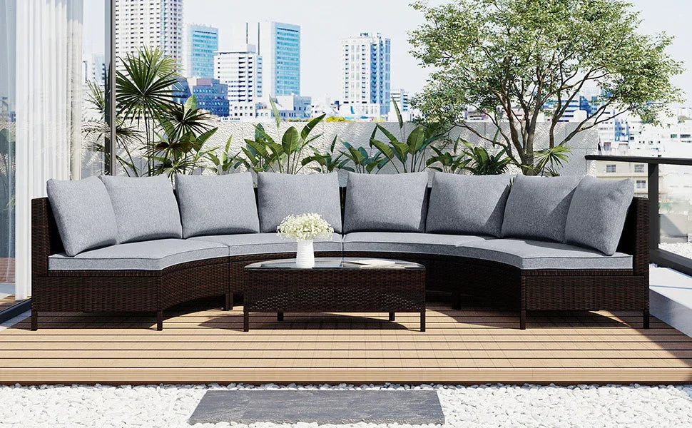 4 Piece Curved Wicker Patio Sectional with Coffee table - Gray - Furniture Home Direct
