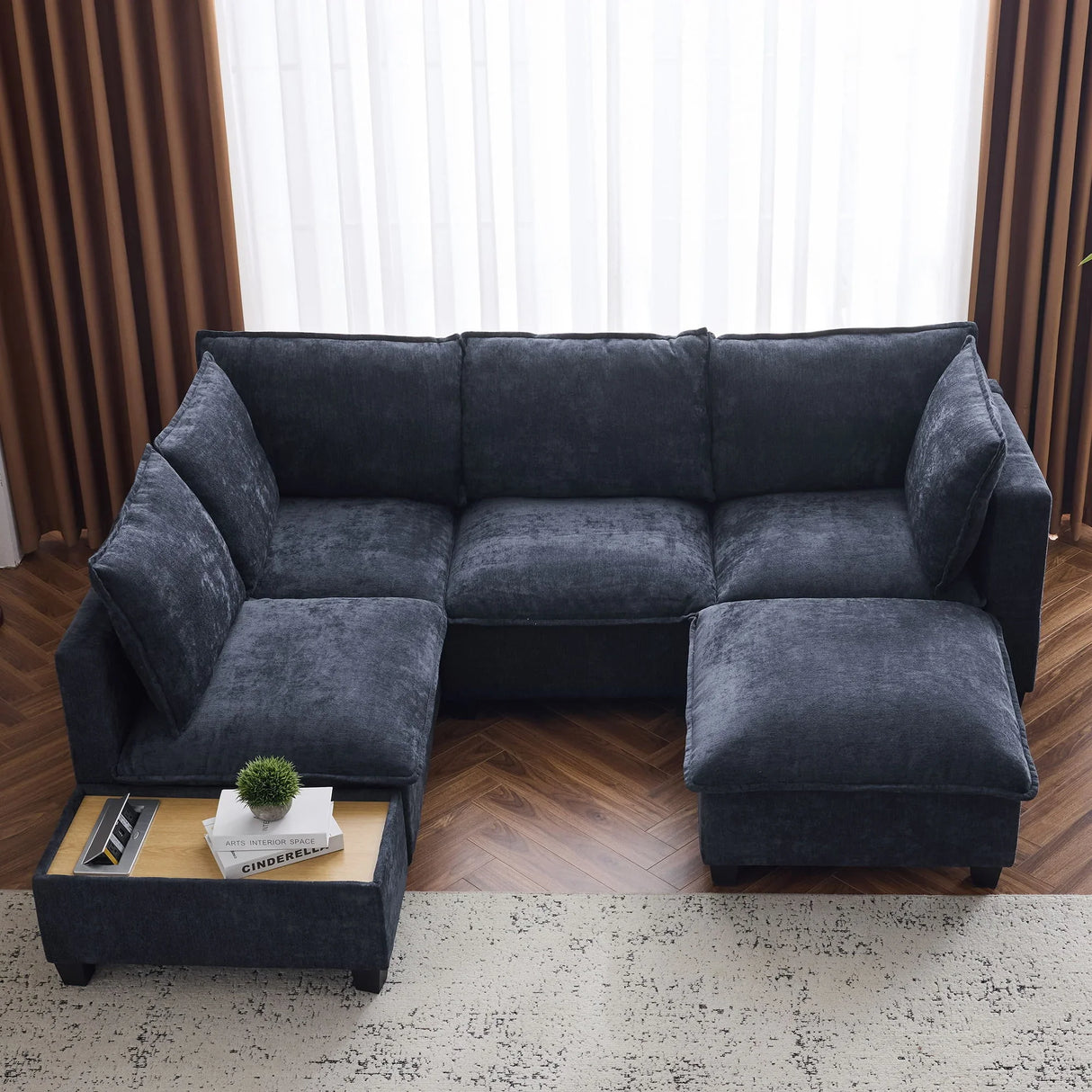 U-Shaped Sectional Modular Sofa With A Movable Ottoman, A Coffee Table With Hidden Charging Devices For Living Room - Furniture Home Direct