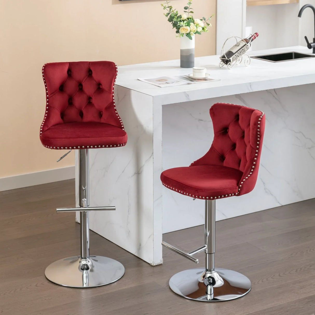 Swivel Velvet Barstools Adjusatble Seat Height From 25-33", Modern Upholstered Chrome Base Bar Stools With Backs Comfortable Tufted For Home Pub And Kitchen Island (Set of 2) - Furniture Home Direct