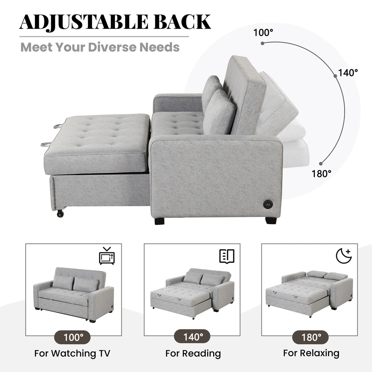 66.5" Upholstered Loveseat With Pull Out Bed, Two Throw Pillows, Dual USB Charging Port and Adjustable Backrest - Light Gray - Furniture Home Direct