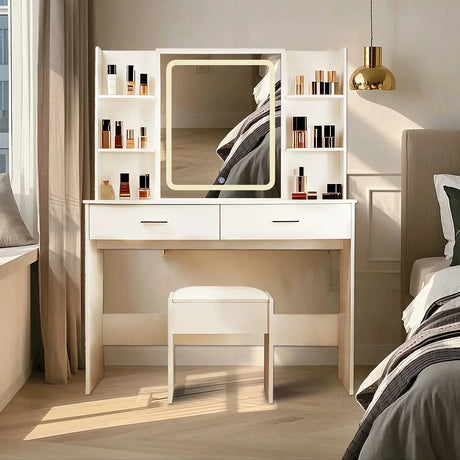 Vanity Desk With Mirror And LED Lights 3 Lighting Modes And Power Outlet 2 Spacious Drawers And Stool - White - Furniture Home Direct
