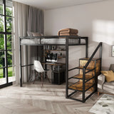 Full Size Loft Bed With Desk & Wardrobe Heavy Frame, Built In Staircase, Storage Rack & Shelves Gaming Bed - Black - Furniture Home Direct