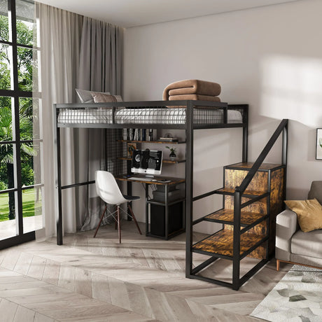 Full Size Loft Bed With Desk & Wardrobe Heavy Frame, Built In Staircase, Storage Rack & Shelves Gaming Bed - Black - Furniture Home Direct