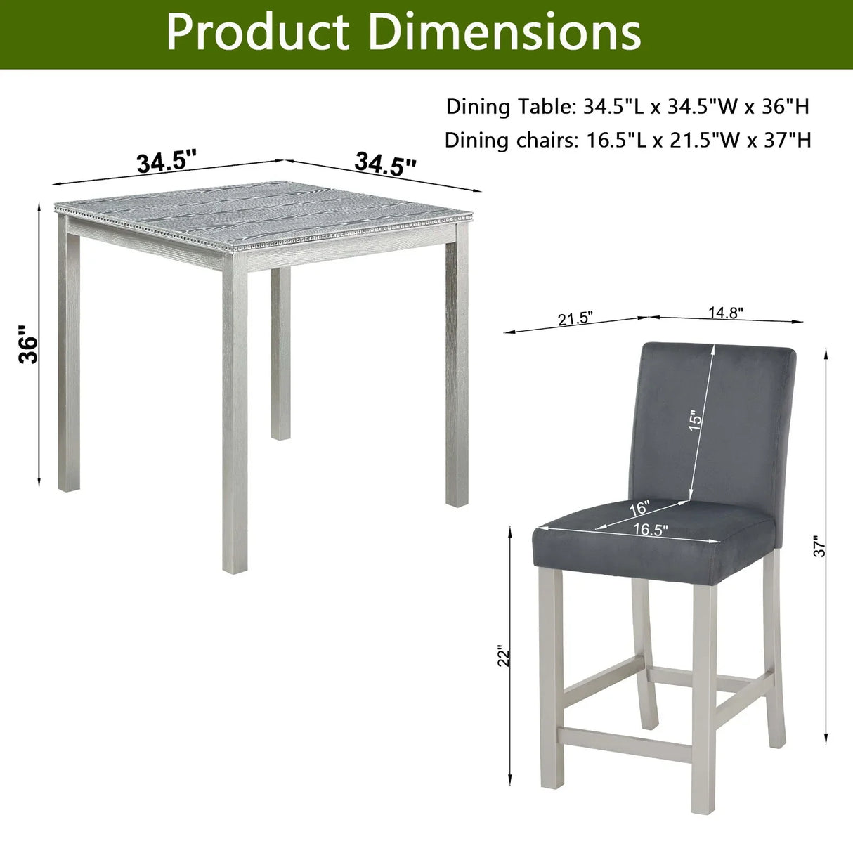 5 Pieces Counter Height Table Set, Kitchen Table With Square Table And 4 Upholstered Chairs - Furniture Home Direct