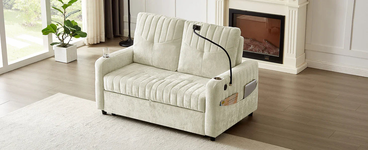 Sleeper Sofa With Adjustable Backrest, Two Cup Holders, Phone Holder, Three Charging Ports And Side Storage Pockets- Beige - Furniture Home Direct