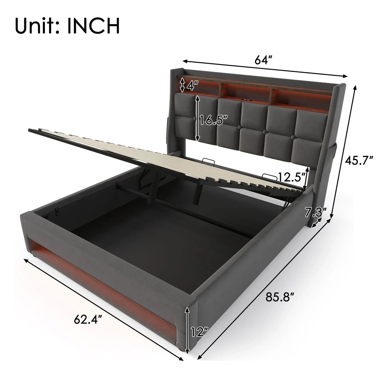 Upholstered Platform Bed With A Hydraulic Storage System, LED And USB Charging (Without Mattress) - Furniture Home Direct