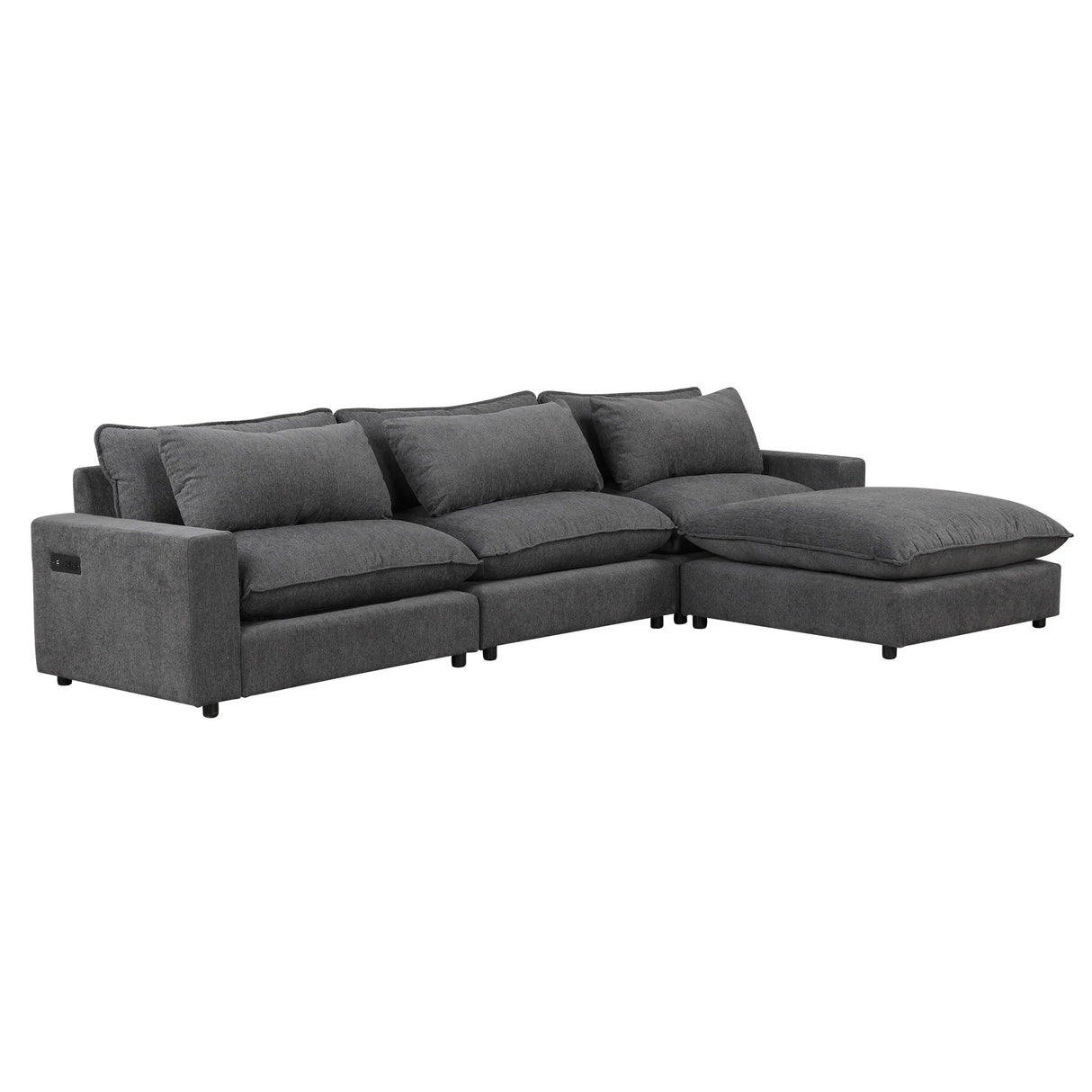 Chenille Cloud Sectional with Ottoman, Charging Ports and Three Back Pillows - Grey - Furniture Home Direct